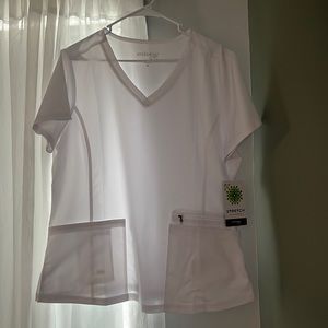 Scrubology stretch V- neck white scrub top.